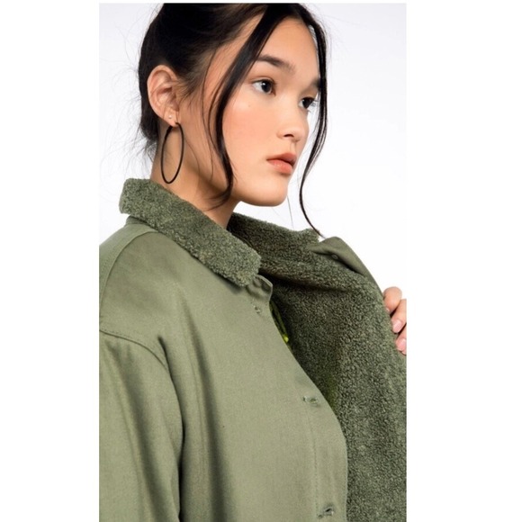 BP Wildfang Olive Green Faux Sherpa Collar‎ Lined Button Front Jacket Chore NEW - Picture 7 of 14